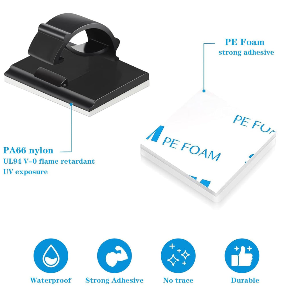 Adhesive Cable Holder Clips - 50 Pcs Black Wire Management for Cables Up to 6mm | Ideal for Home, Office & Car