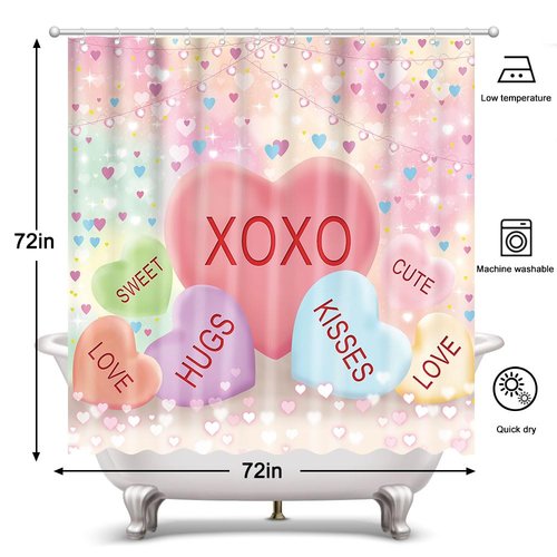 Fitumiw Valentines Love Hearts Shower Curtain 72" x 72" Conversation Hearts Home Bathroom Decorations Romantic Love Bathtub Curtain Set with 12 Hooks