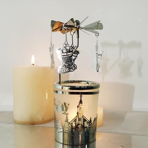 Kingnero Carousel Candle Holder - Spinning Metal Tea Light Candlestick for Home Decor | Silver Christmas Socks