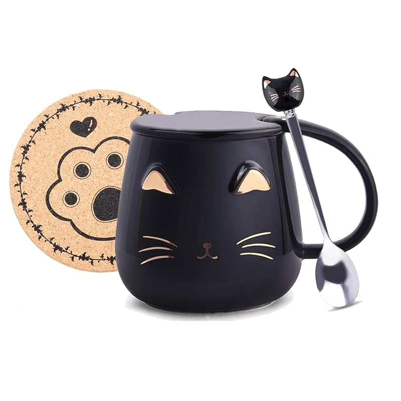 Pink Ceramic Cat Mug with Stainless Steel Spoon - 13 oz Handmade Gift (Variation: Black)