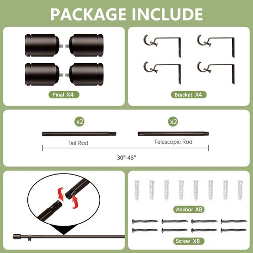 Adjustable Bronze Curtain Rods by [Brand Name] | 30-45 Inch for 30-39 Inch Windows | 2 Pack