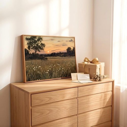 Framed Vintage Farmhouse Canvas Wall Art - Rustic Wildflower Field Landscape Painting 16x24
