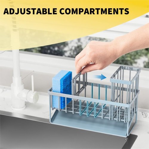 Cisily Sink Caddy Organizer - Rustproof Stainless Steel with Brush & Sponge Holder | Gray Blue Kitchen Decor