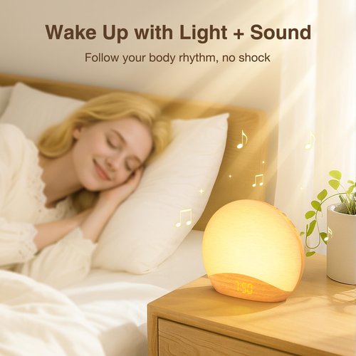 HOUSBAY Sunrise Alarm Clock for Bedroom – Natural Wake-Up Light, FM Radio & Bluetooth Speaker, Wood-Inspired Design, Dimmable Night Light for Adults & Phone-Free Mornings