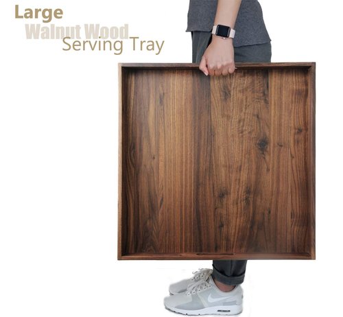 MAGIGO 19 x 19 Inches Large Square Black Walnut Wood Ottoman Tray with Handles, Serve Tea, Coffee Classic Wooden Decorative Serving Tray