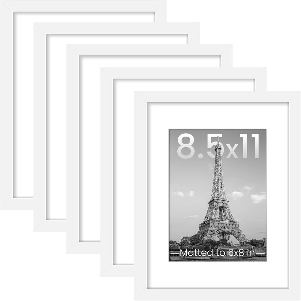 Upsimples 8.5x11 Picture Frame Set of 5 - Versatile Wall Gallery Frames for 6x8 or 8.5x11 Photos | White