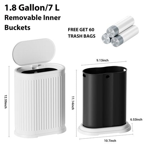 Figella 1.8 Gallon Bathroom Trash Can with Lid Press-Top, Small White Stainless Steel Garbage Can with Removable Inner Bucket, Slim Fit Narrow Spaces for Bedroom Office
