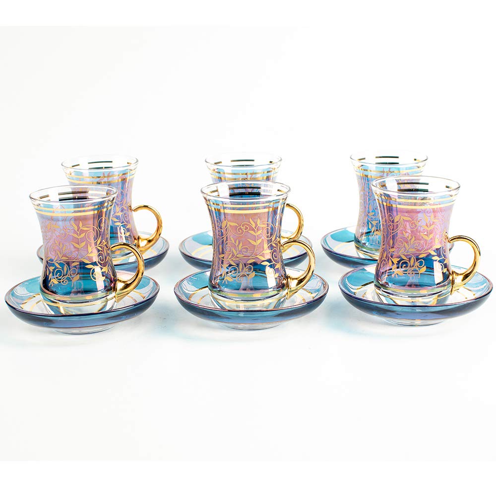Vissmarta Vintage Turkish Tea Glasses Cups and Saucers Set of 6 Handle Drinkware Drink Bar Fancy Teapots Serving Glassware Drinking Kitchen Women Moroccan Persian Teacups Party Art Deco