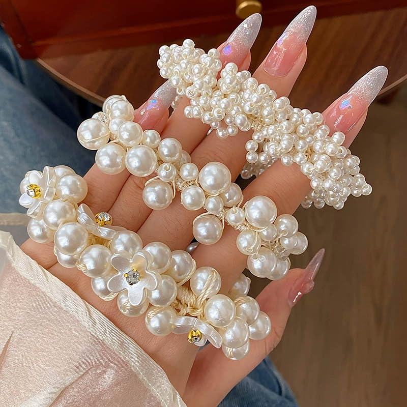 BARTOSI Pearl Scrunchies Beaded Hair Ties Ponytail Holder 3-Pack