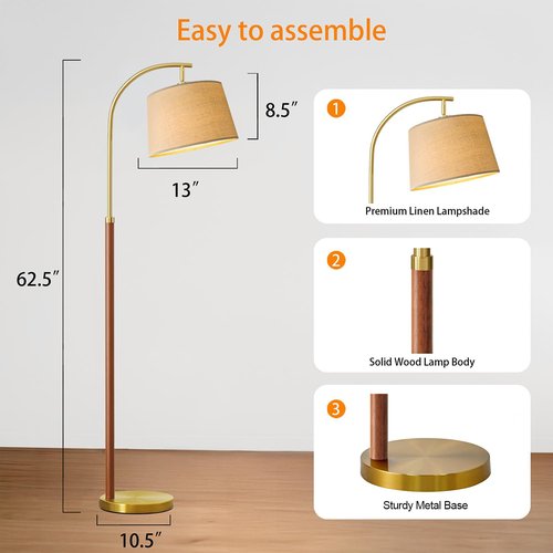 G-SAFAVA 62.5" Wood Floor Lamp for Living Room Gold with Foot Switch Arc Standing Tall Lamps for Bedroom Mid Century Modern Corner Floor Lamps for Office Nursery Industrial Reading Light Room Lamp