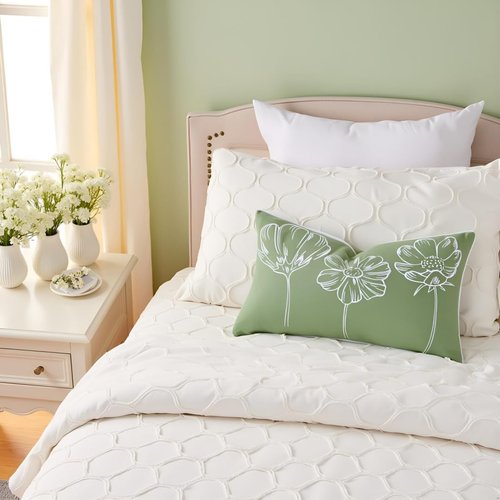 Sunkifover Decorative Floral Lumbar Pillow Cover 12x20 Inch Sage Green and White Cotton Embroidery Flower Throw Pillowcase Cushion Cover for Bed Bedroom, Living Room, Sofa
