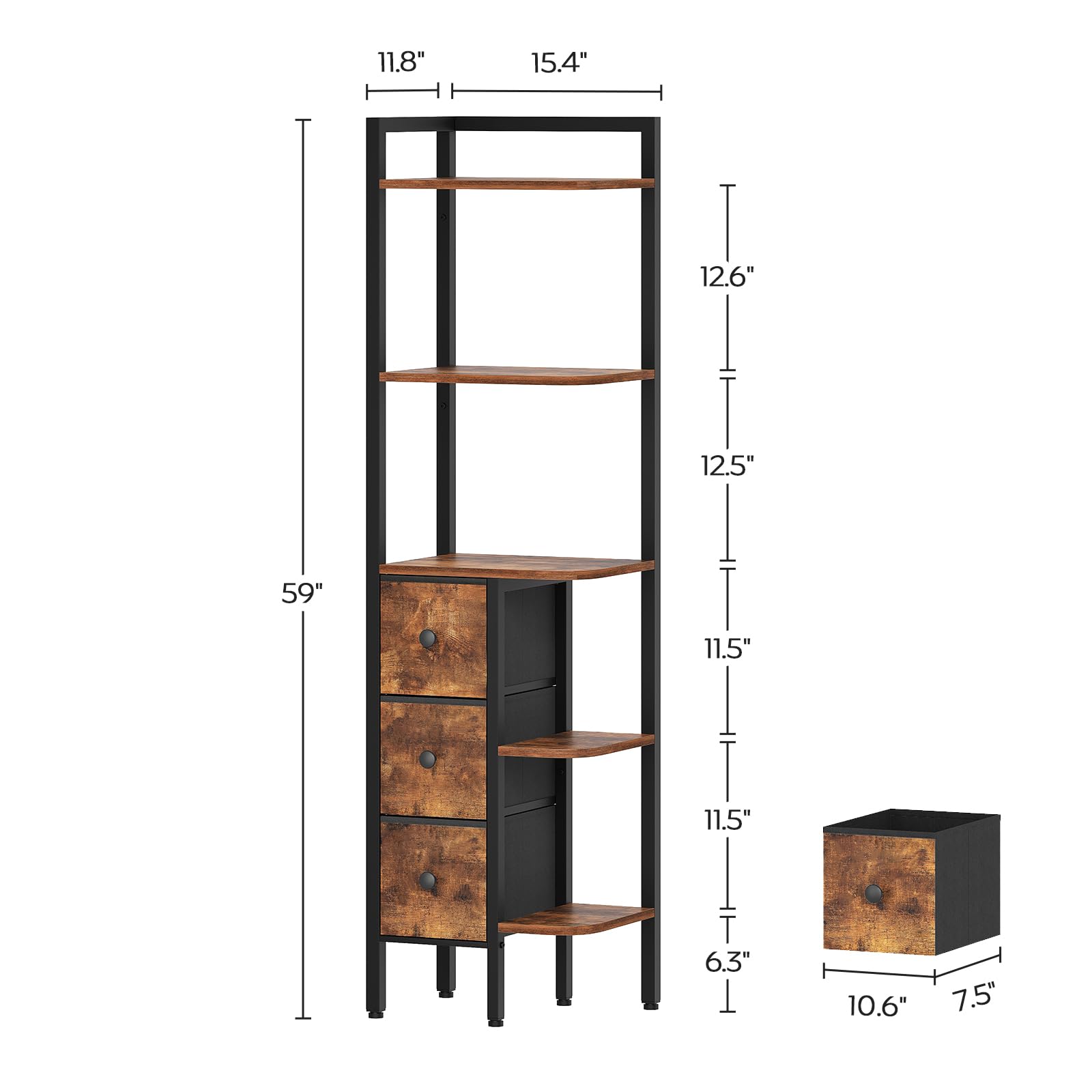 YATINEY Corner Shelf Stand, 5-Tier Corner Bookshelf with 3 Drawers, Industrial Display Shelf for Narrow Spaces, Wooden Small Bookcase, Easy Assembly, Rustic Brown and Black CJ10BR