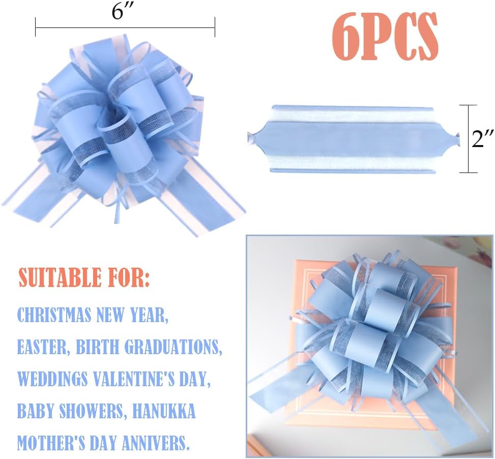 Skiennix Pull Bows - Sky Blue Gift Bows for Party & Wedding Decorations | 6 Inches, Set of 6