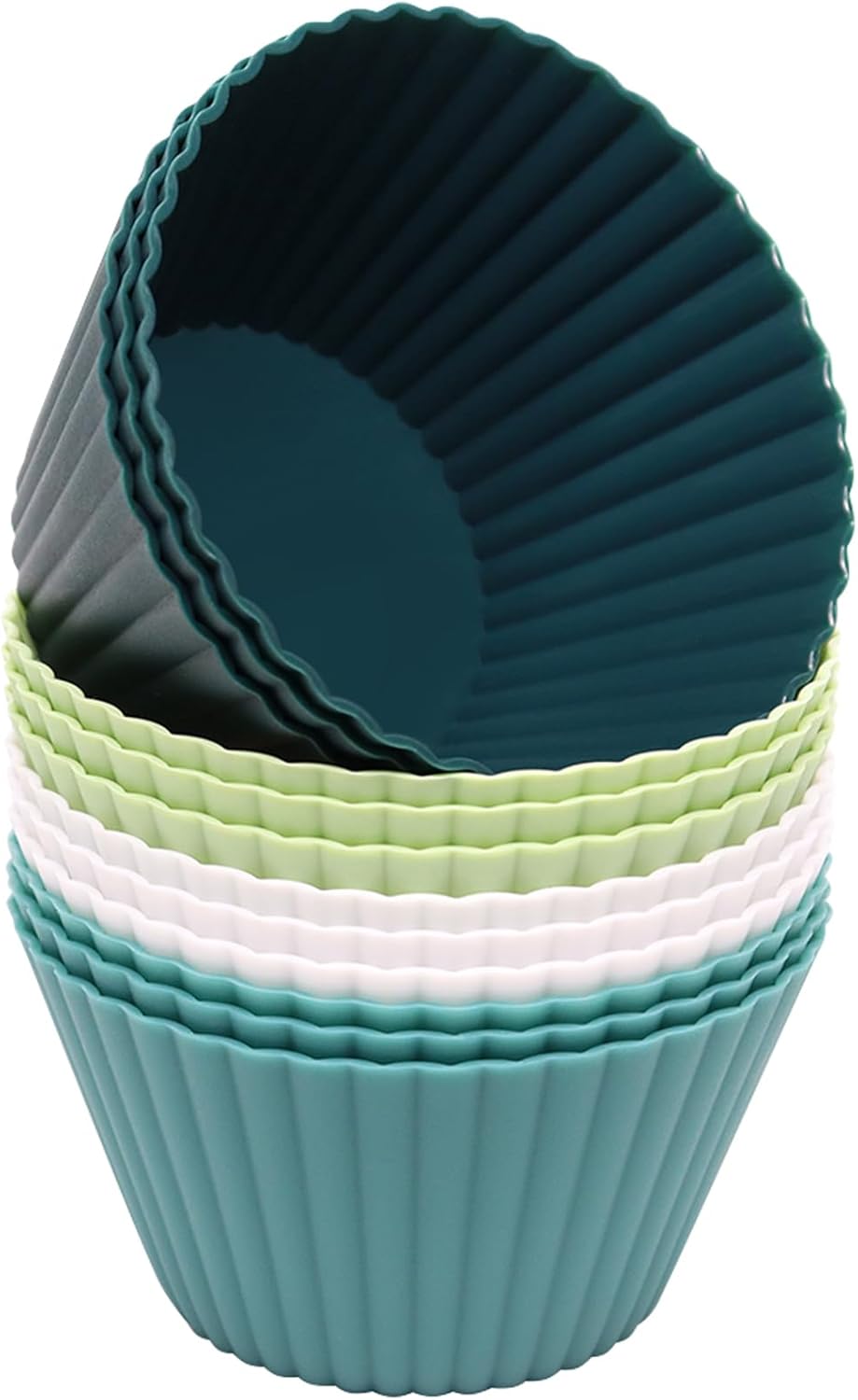 Skiennix Extra Large Silicone Muffin Cups - 12 Pcs Reusable Baking Liners, 3.54 Inch, Easy to Clean | Green & White
