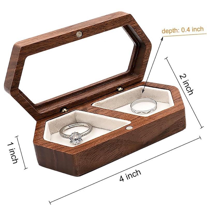 Engraved Wooden Double Ring Box - Walnut Jewelry Holder for 2 Rings