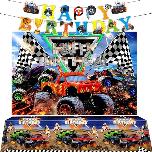 Truck Birthday Party Decorations Set - Backdrop, Banner & Tablecloth