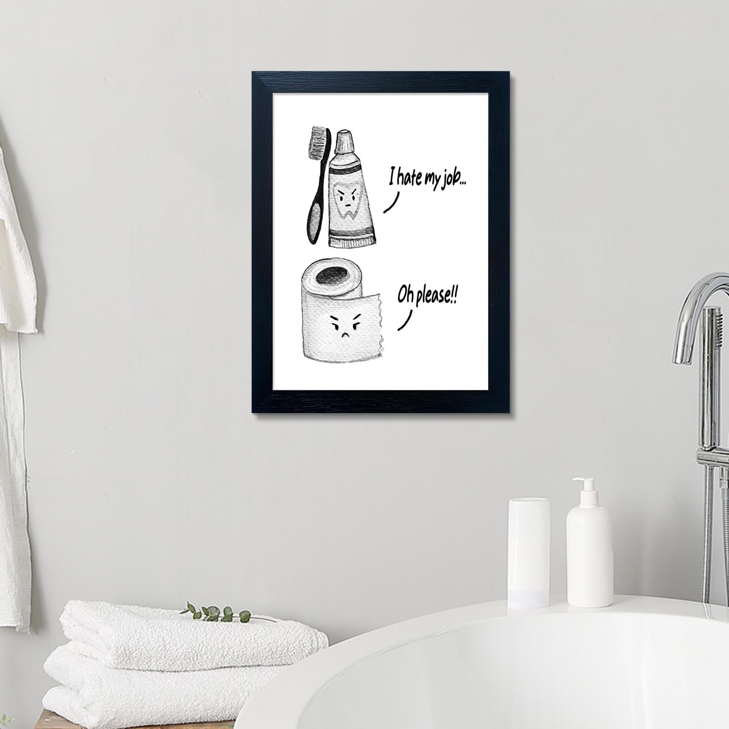 Skiennix Kids Bathroom Decor - Cute Children's Wall Art Canvas Print | Funny Framed Black and White Artwork