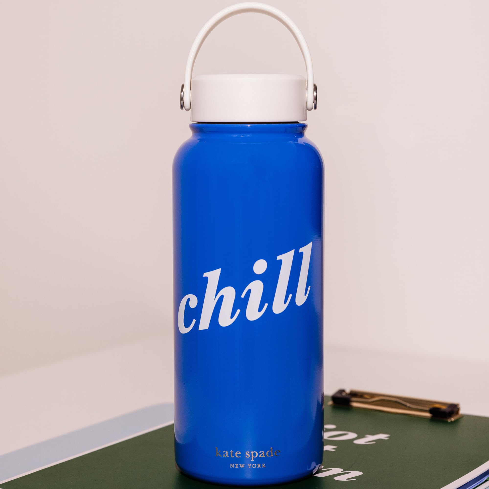 Kate Spade New York Large Insulated Stainless Steel Water Bottle, 33 Ounce Metal Water Bottle, Double Wall Travel Tumbler with Lid, Bookshelf