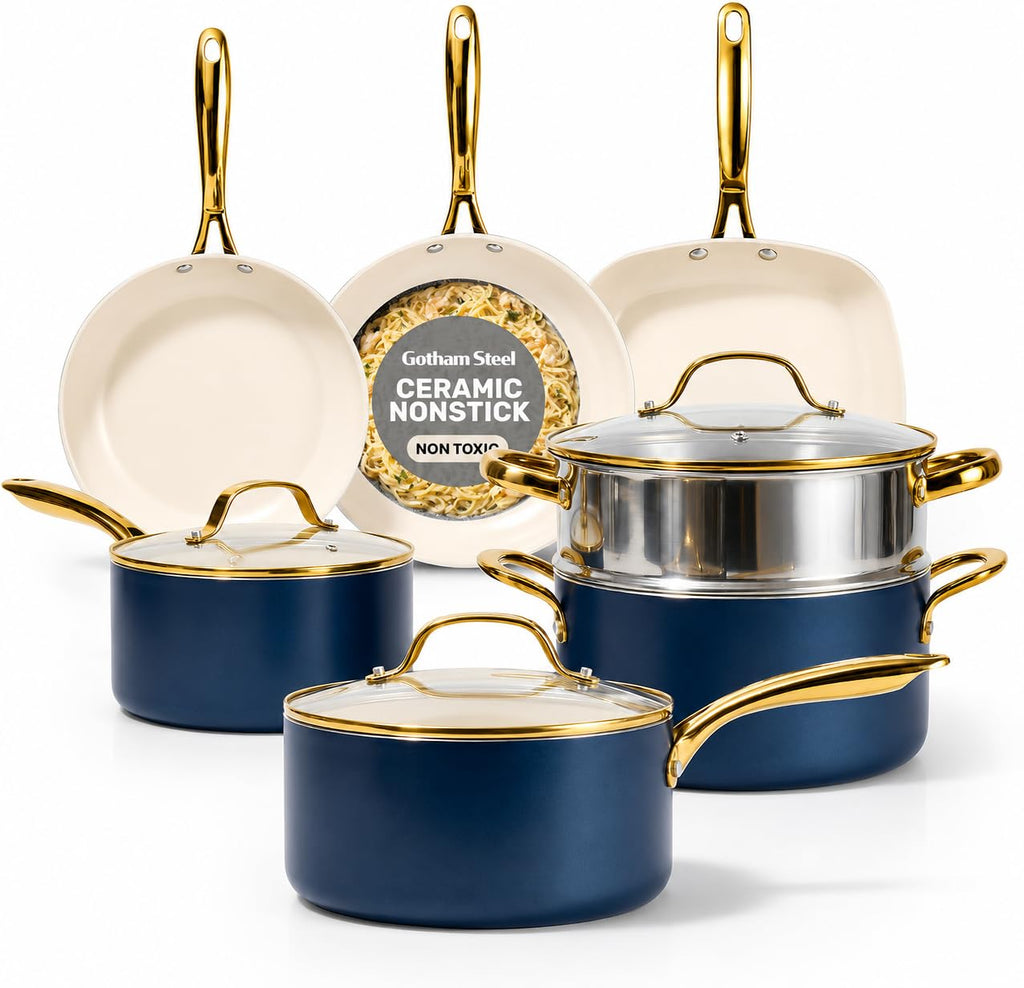 Gotham Steel 12 Pc Ceramic Cookware Set Nonstick, Ceramic Pots and Pans Set Non Stick with Steamer for Cooking, Non Toxic PFOA PFOS Free, Premium Stay Cool Handles, Oven & Dishwasher Safe