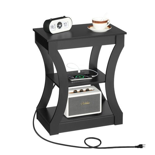 MAHANCRIS Black End Table with Charging Station, Skinny Side Table with USB Ports and Outlets, Nightstand, 3 Tier Bedside Table with Storage Shelf for Living Room, Bedroom, Small Space ETBK53E01