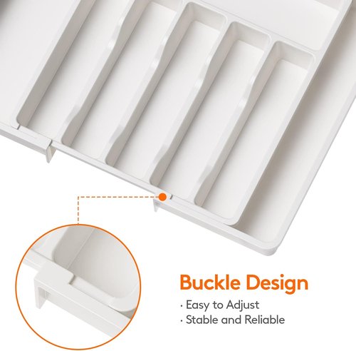 Lifewit Silverware Drawer Organizer, Expandable Utensil Tray for Kitchen, BPA Free Flatware and Cutlery Holder, Adjustable Plastic Storage for Spoons Forks Knives, 13-22 x 15", White