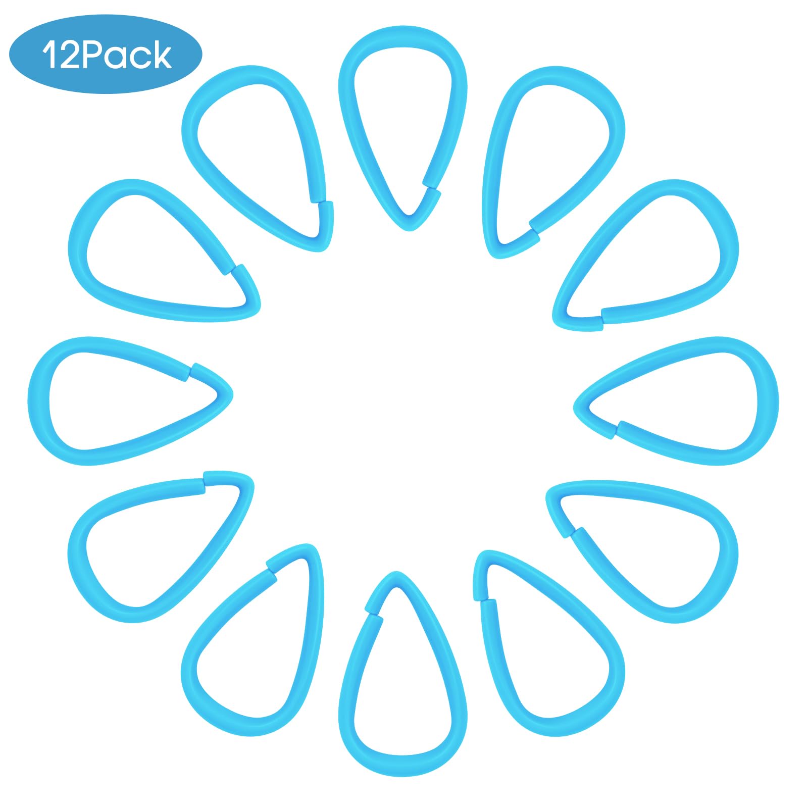 Top-spring Light Blue Plastic Shower Curtain Hooks Rings - 12 Pcs Drop Shaped Sky Blue Shower Hooks for Curtain Bathroom Shower Rod