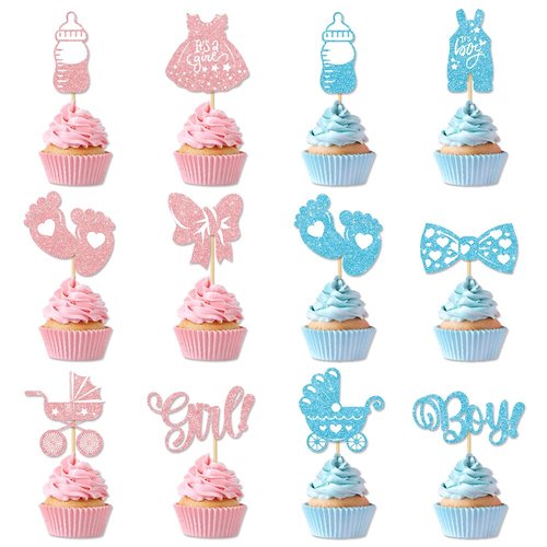 36PCS Gender Reveal Cupcake Toppers – Pink and Blue Color Scheme Baby Shower Decorations with Glitter Paper Bottles, Bows, Bodysuits, Pants, Dresses & Feet for Boy or Girl Party