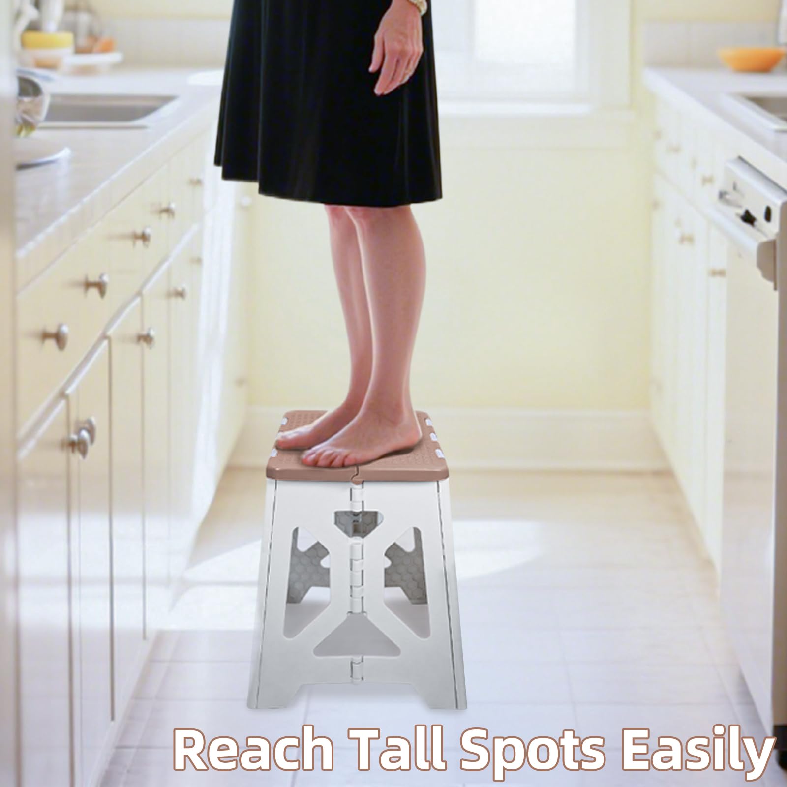 neotidy Foldable Step Stool (1 Pack), 12.9” Tall up to 300 lb Sturdy Plastic Folding Step Stool for Adults Kitchen Bathroom, Portable Small Stool Travel Foot Stool Brown