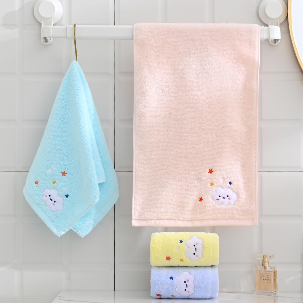 sense gnosis 100% Cotton Cloud Kids Facial Towels, Fingertip Towels for Bathroom Towel Set Star Embroidered Children Towels & Baby Washcloths, 10 x 20 inches(4 Pack in 4 Color)