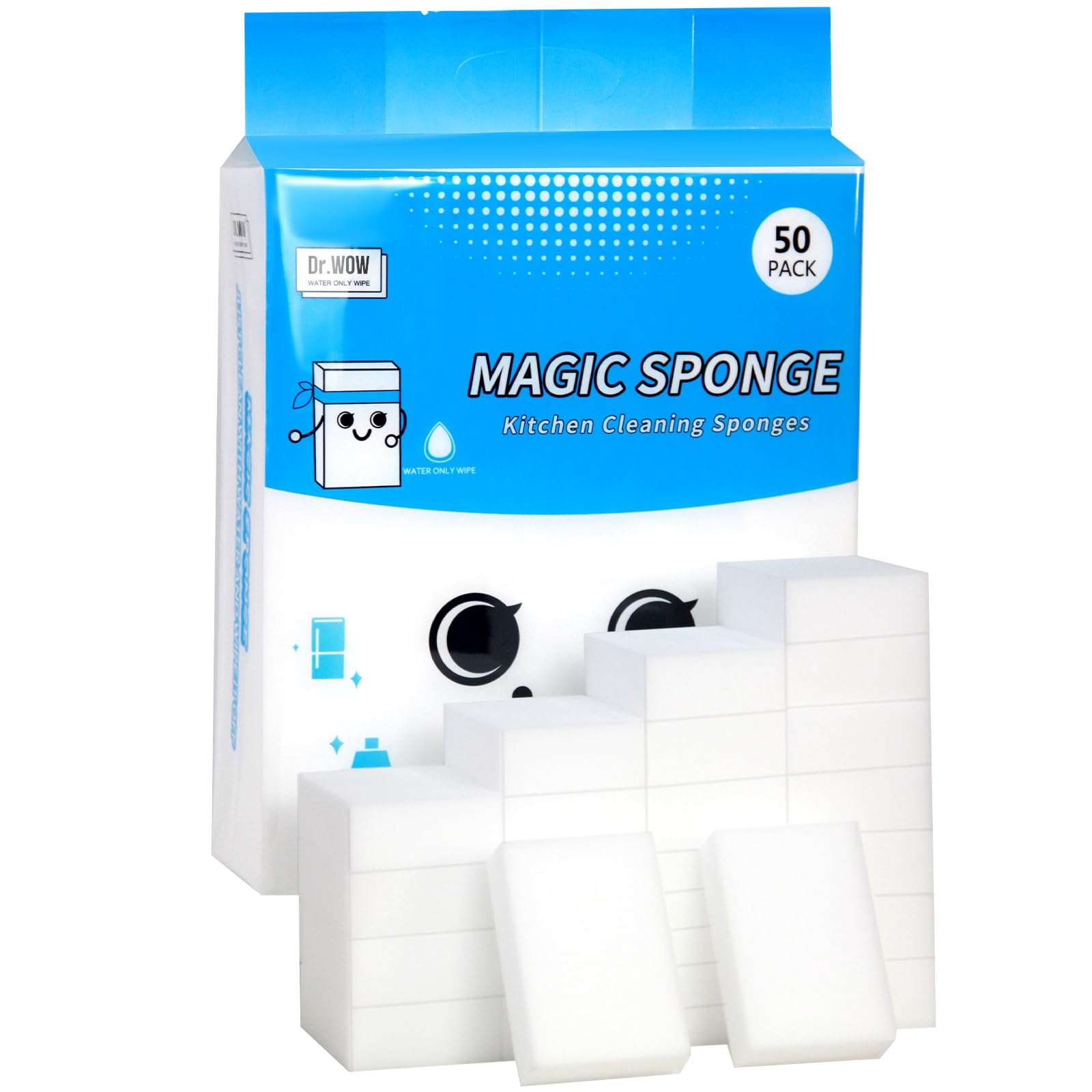 Dr.Wow 50-Pack Extra-Thick Melamine Sponges – 3.94" × 2.76" × 1.18" Durable Kitchen & Bathroom Cleaning Pads – Powerful, Non-Scratch, Water-Activated Magic Sponge