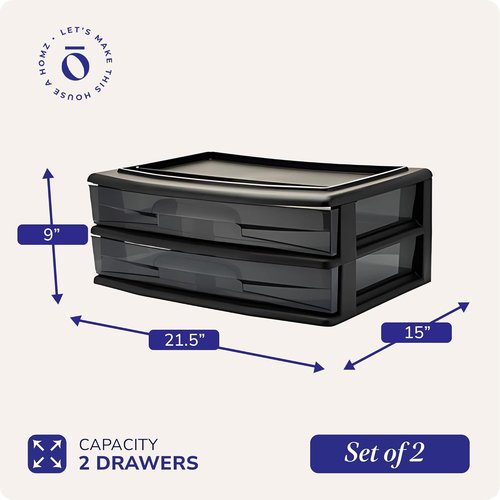 HOMZ 2-Pack Storage Cart - 2-Drawer Plastic Organizers with Smoke Tint | 15" Wide, Black Frame for Home & Office