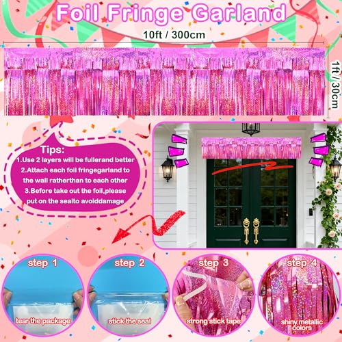 4-Pack Glitter Pink Foil Fringe Garland for Parade Floats & Party Decor