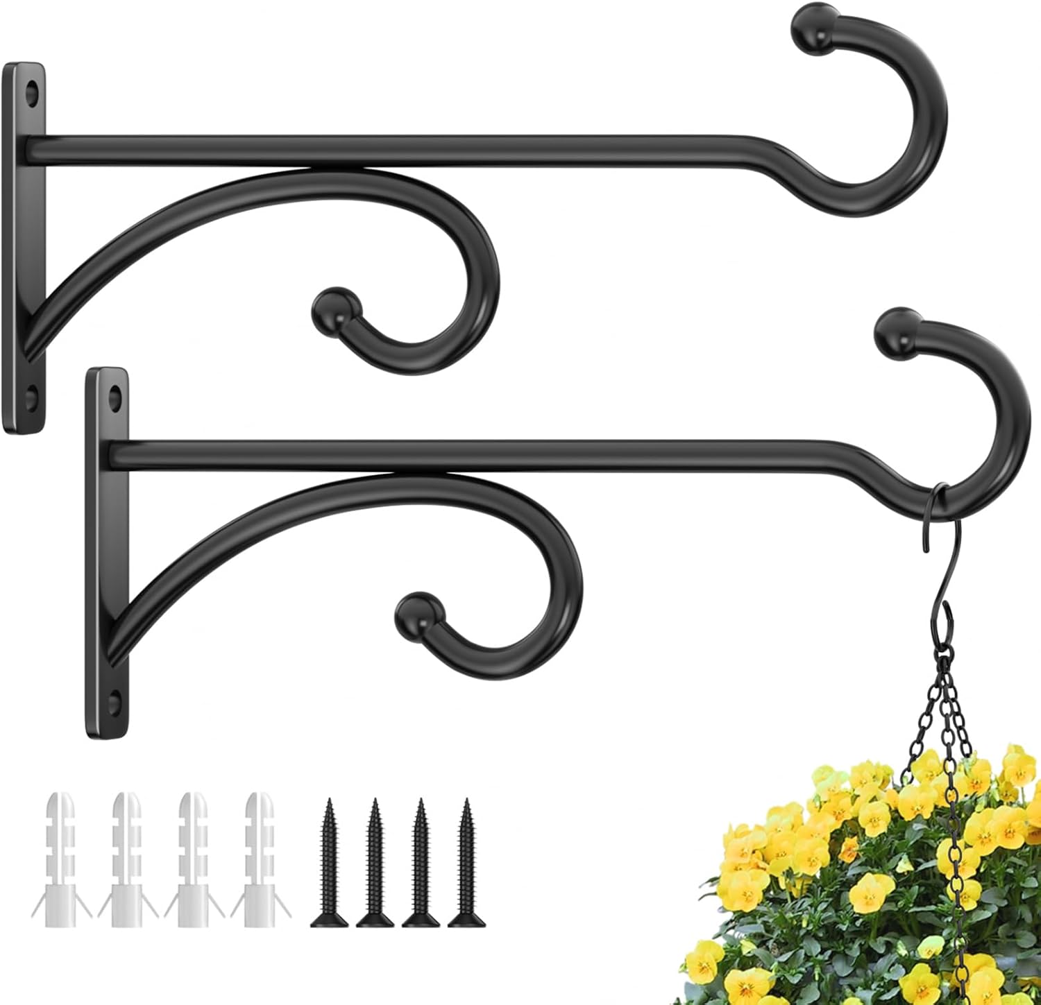 Skiennix 8-Inch Planter Hooks - Durable Indoor/Outdoor Plant Hanger for Baskets & Bird Feeders (Black, Metal, 2 Pack)