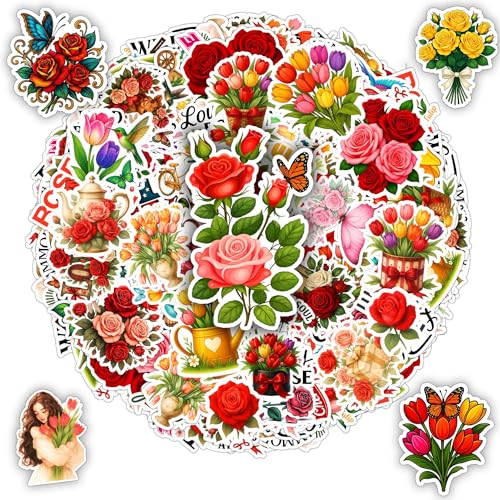 115 PCS Rose and Tulip Stickers Pack - Waterproof Vinyl Decals