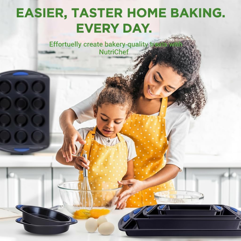 NutriChef 10-Piece Nonstick Bakeware Set - Heavy Duty Carbon Steel with Silicone Handles | Includes Cookie Sheets, Muffin Pan, Pizza & Loaf Pans