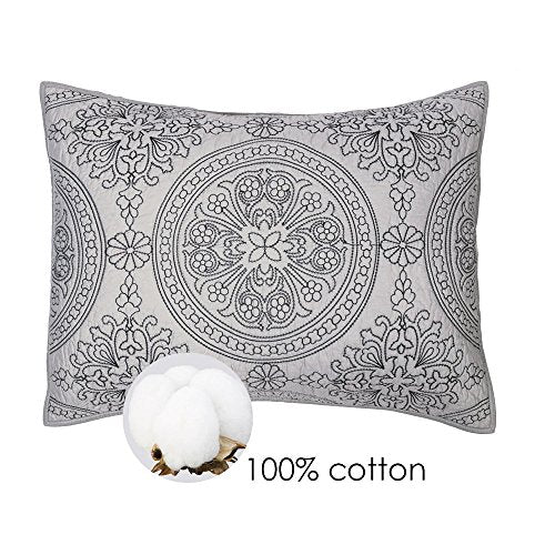 King Pillow Sham - 100% Cotton Medallion Embroidered, Gray, 20'' x 36''