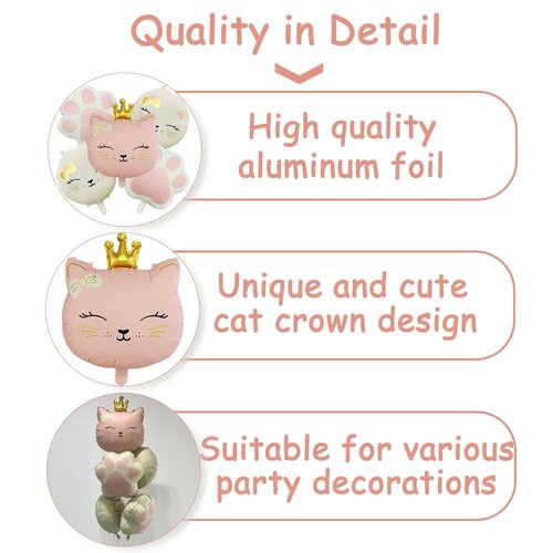 5Pcs Cat Foil Balloon Cat Paw Birthday Party Supplies Cute Crown Kitten Pet Cat Themed Birthday Party Baby Shower, Wedding Themed Party Decorations（Pink, Cream White）