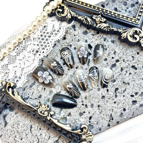 Black French Tip Press On Nails Medium Almond 3D Butterfly False Nails