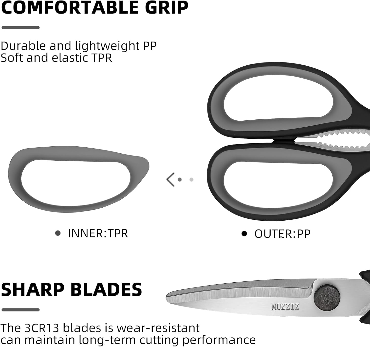 Skiennix Kitchen Scissors - Heavy Duty Stainless Steel Shears with Comfort Grip Handle | 8.3-Inch Black