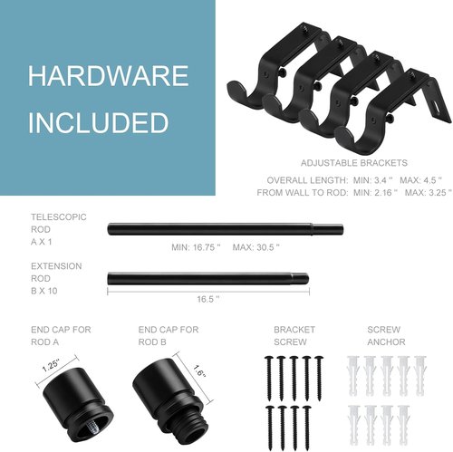 Byondeth Adjustable Curtain Rods - 16 to 170 Inches, 1 Inch Diameter, Black with Aluminium Finials
