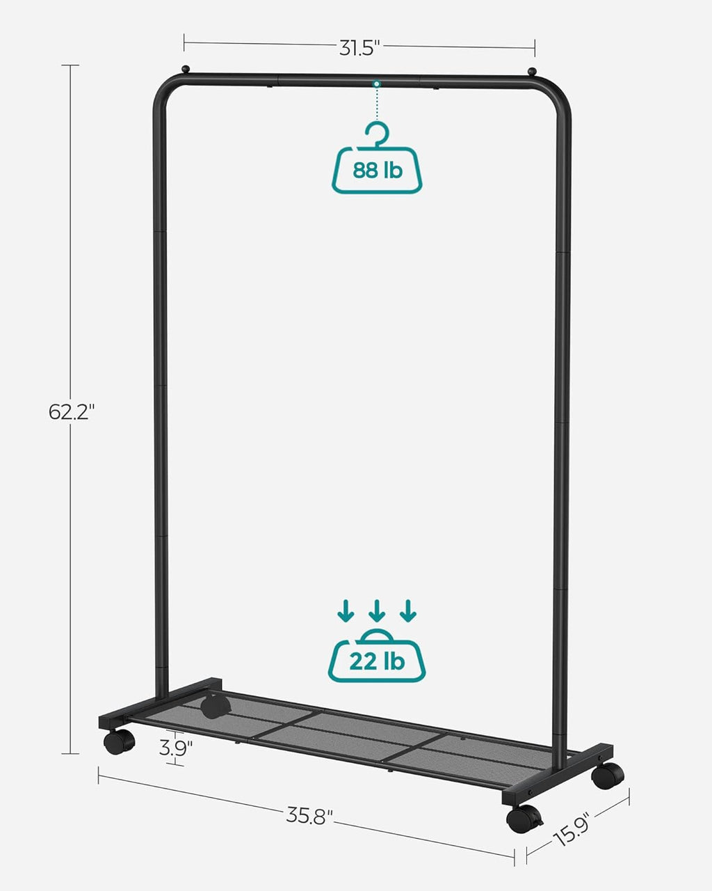 SONGMICS Clothes Rack - Metal Garment Rack with Wheels & Dense Mesh Shelf | 110 lb Capacity, Black