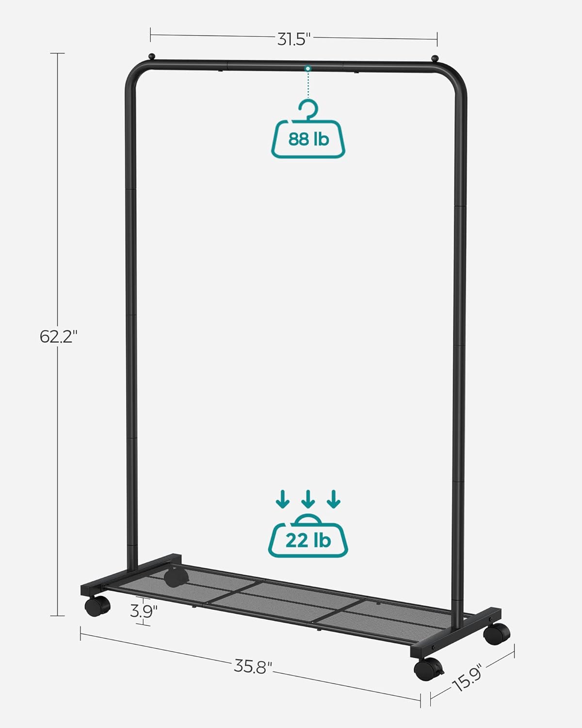 SONGMICS Clothes Rack - Metal Garment Rack with Wheels & Dense Mesh Shelf | 110 lb Capacity, Black