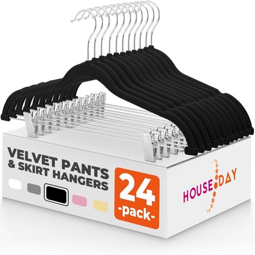 HOUSE DAY Black Velvet Hangers - Premium Non-Slip Felt Clothes Hangers | 60 Pack with Adjustable Clips