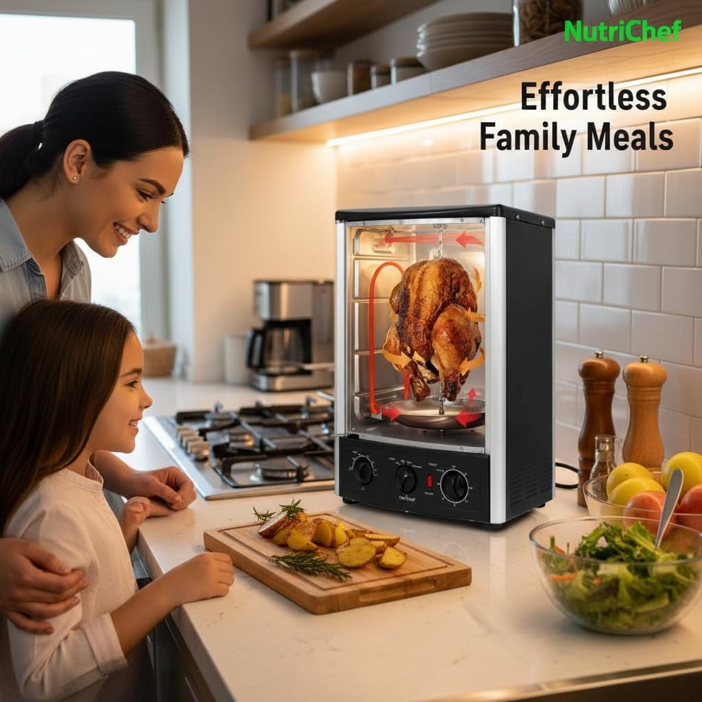 NutriChef Multi-Function Rotisserie Countertop Oven | 24 Quart Vertical Glass Door Convection Oven, for Rotisserie Roasting & Broiling | Timer & Temperature Control | 13.4 x 12.2 x 18.9