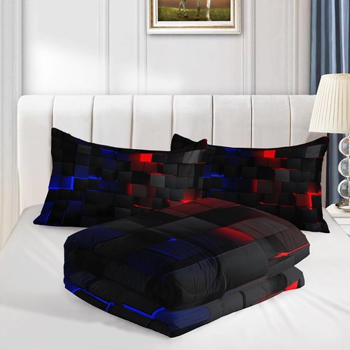 QOOMO Geometric Kids Bedding Set, 3D Neon Square Quilt Set Bedroom Decoration，Blue Red Cubes Boy Bed Set,Abstract Queen Bed Comforter Sets,Lightweight Fluffy Down Duvet(1 Comforter & 2 Pillowcases)