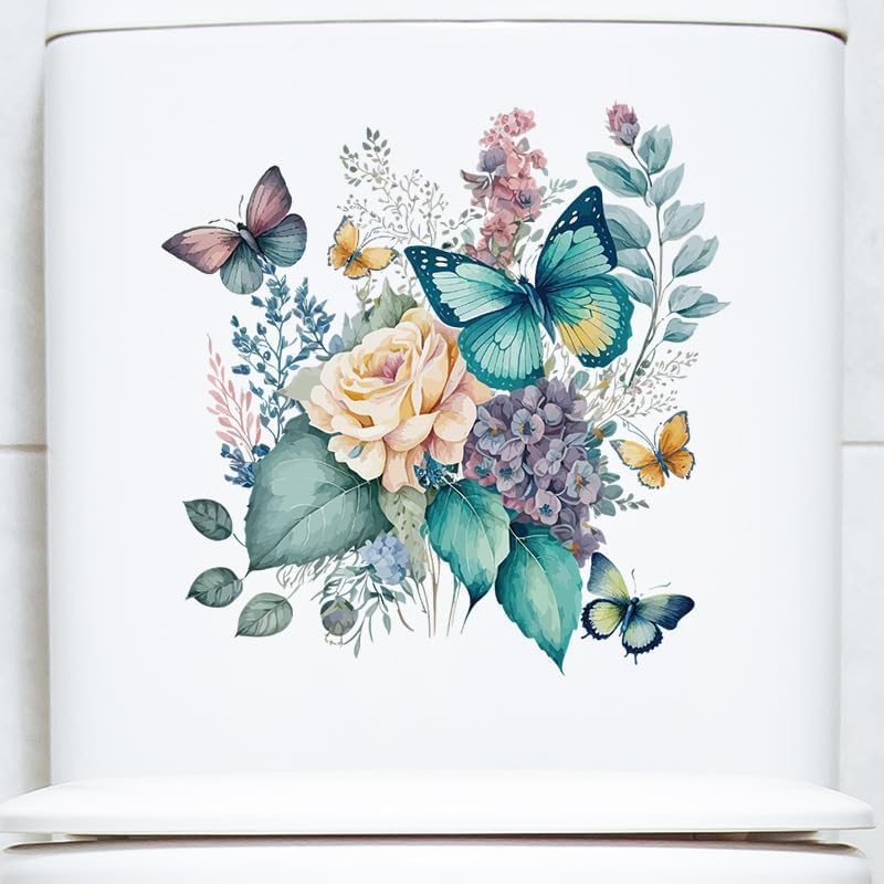 Colorful Butterfly & Peony Toilet Seat Lid Decals Waterproof Wall Stickers