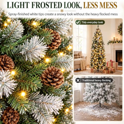 6ft Pre-Lit Slim Artificial Christmas Tree with 250 LED Lights Frosted Tips Pinecones - Green & White, 595 Tips