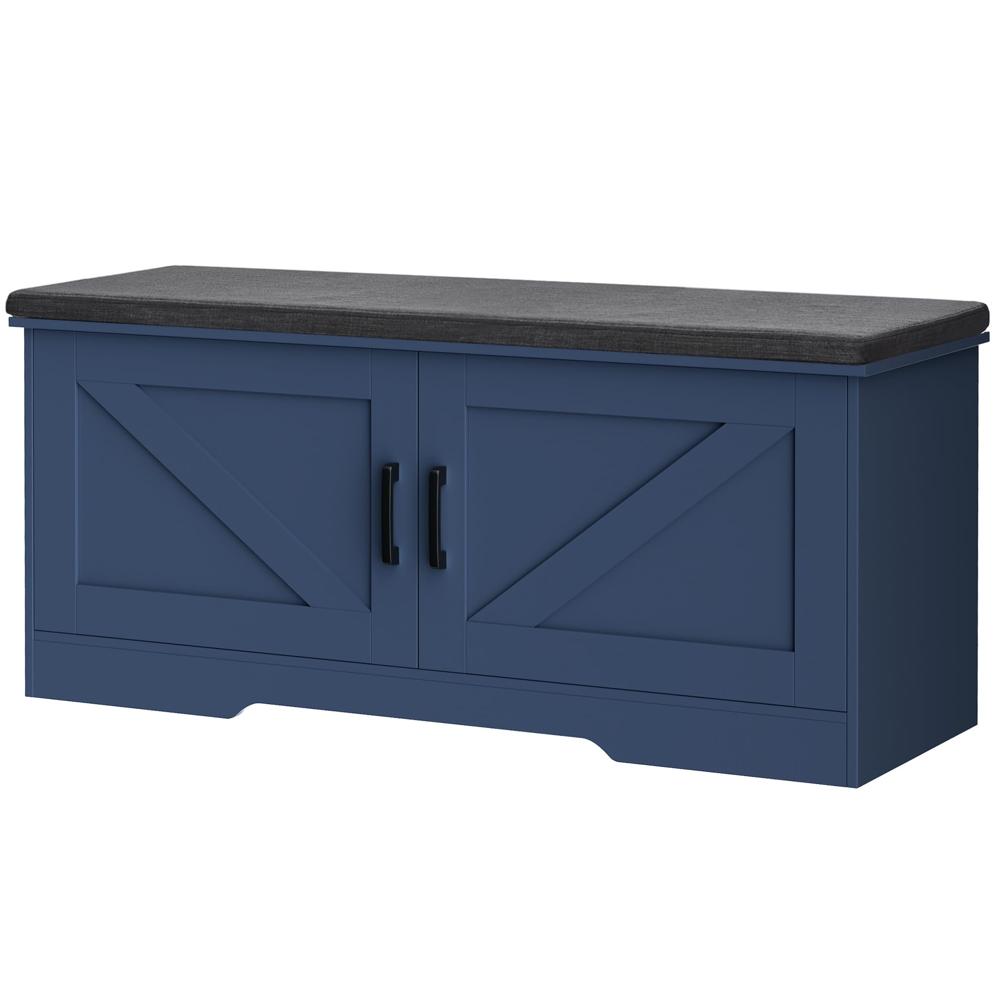 HOMSHO 2-Tier Storage Bench, 39.4" Wide Shoe Bench with Padded Seat Cushion, Entryway Bench with 2 Barn Doors and Adjustable Shelf, Blue