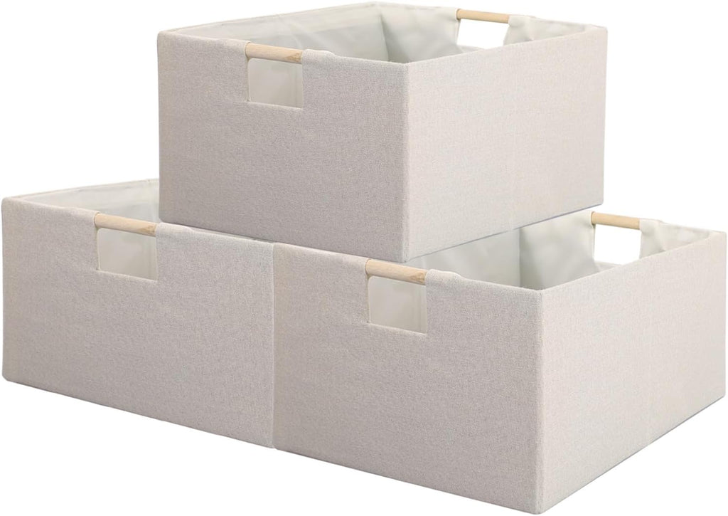 Skiennix Fabric Storage Bins - Foldable Cotton Linen Baskets with Wooden Handles | Small Beige 3-Pack