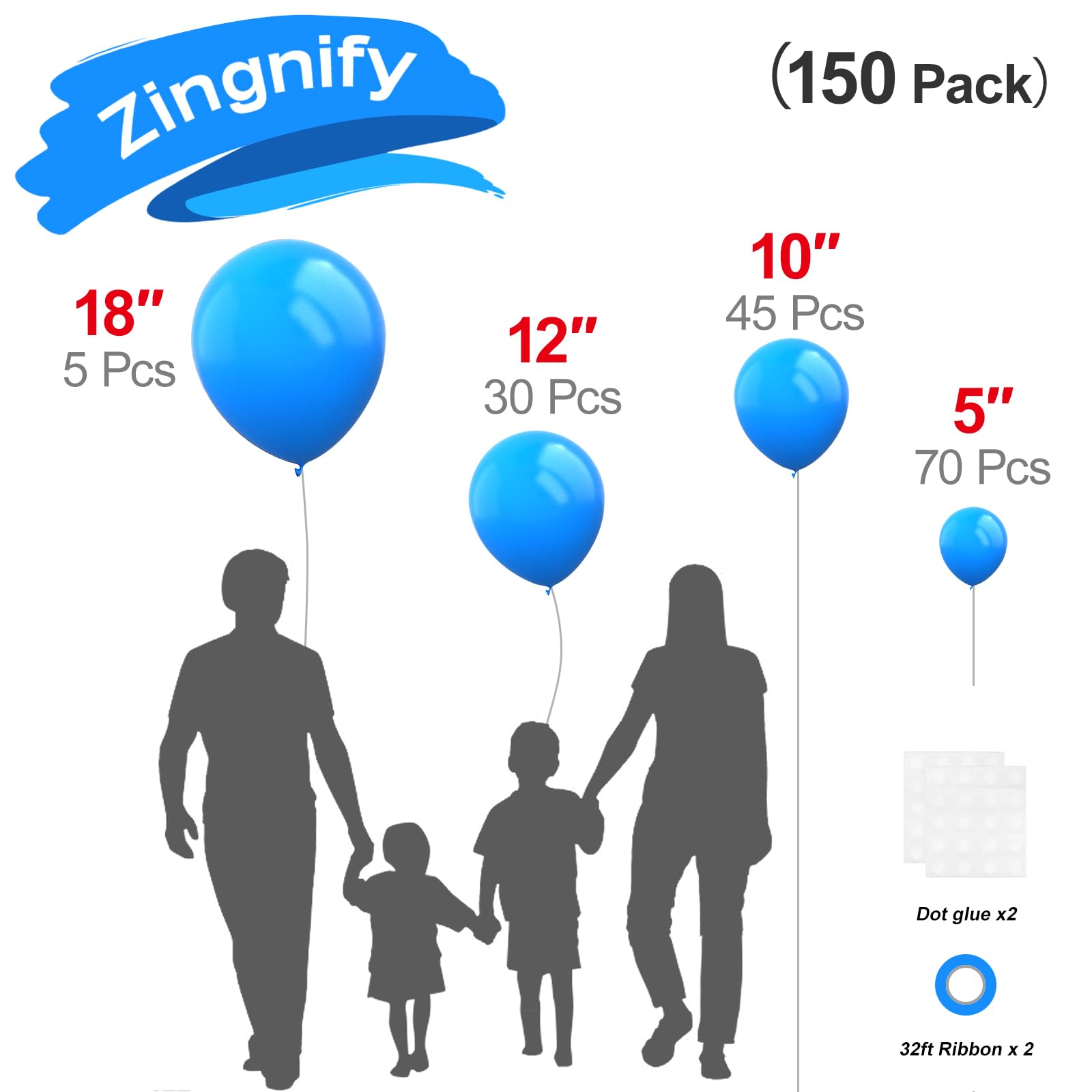 Zingnify Blue Balloons, 150 pcs Different Sizes Pack of 18 Inch 12 Inch 10 Inch 5 Inch Matte Blue Balloons for Balloon Garland Balloon Arch as Birthday Party Wedding Decorations
